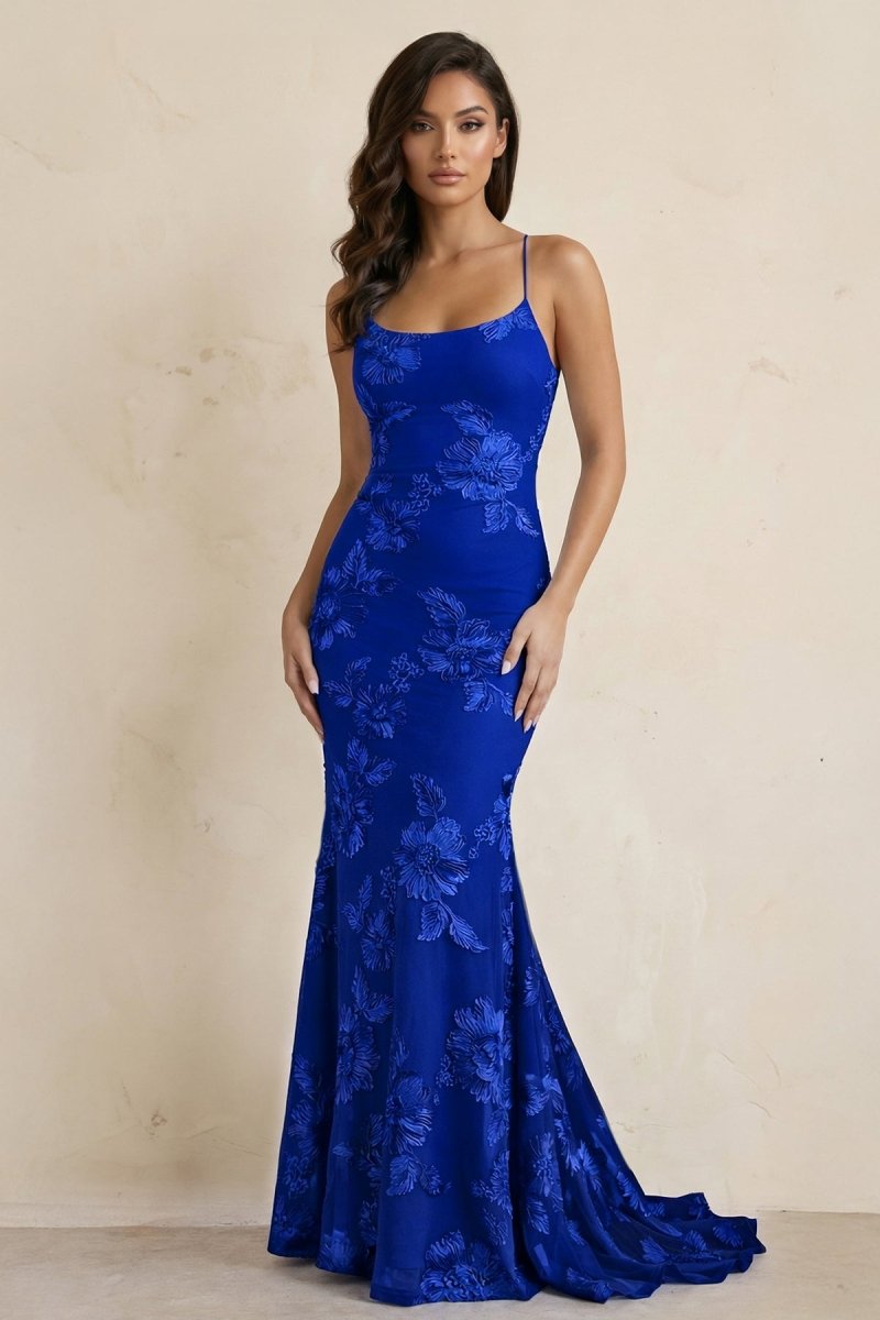 Sky Blue Spaghetti Straps Mermaid Tulle Long Formal Prom Gown With Appliques