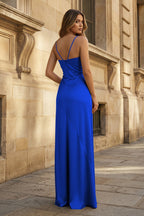 Yellow Satin Sheath Evening Dress with Sweetheart Neckline and Slit