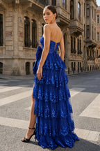 Sweetheart Light Blue Lace Appliques Ruffle Long Formal Gown