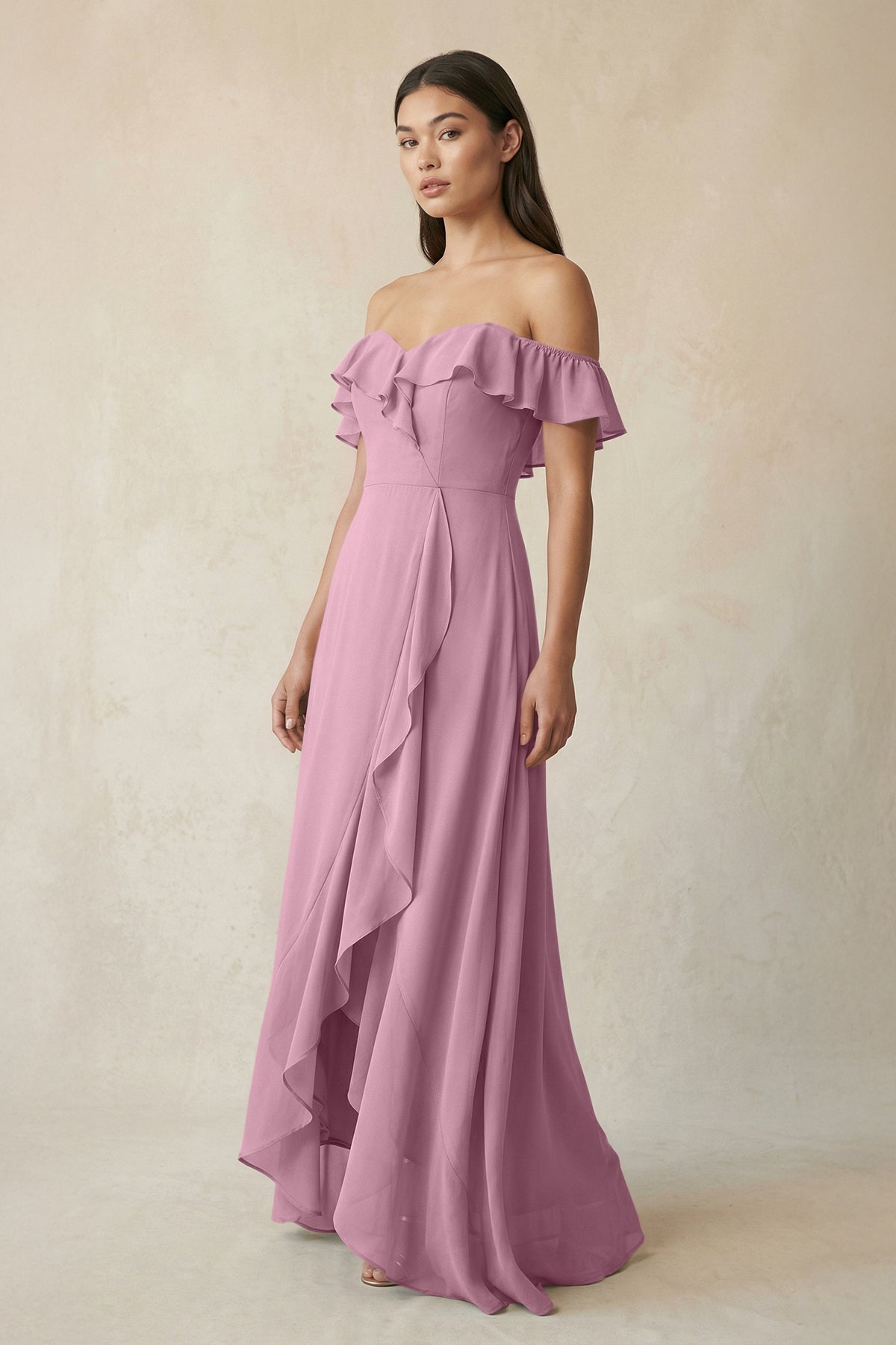 Mauve Chiffon A-Line Bridesmaid Dress with Off The Shoulder Neckline and Ruffles