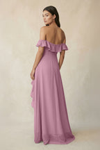 Mauve Chiffon A-Line Bridesmaid Dress with Off The Shoulder Neckline and Ruffles