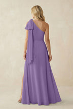 As Picture Chiffon A-Line Bridesmaid Dress with One Shoulder Neckline and Ruffles