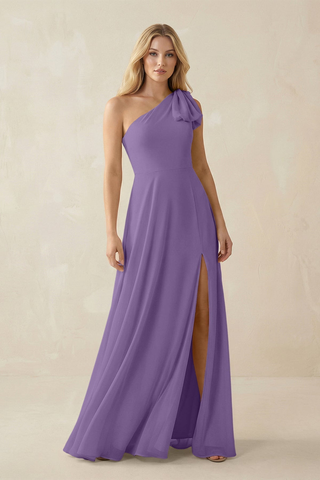 As Picture Chiffon A-Line Bridesmaid Dress with One Shoulder Neckline and Ruffles