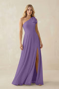As Picture Chiffon A-Line Bridesmaid Dress with One Shoulder Neckline and Ruffles