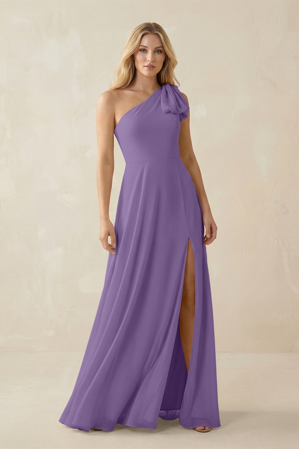 As Picture Chiffon A-Line Bridesmaid Dress with One Shoulder Neckline and Ruffles