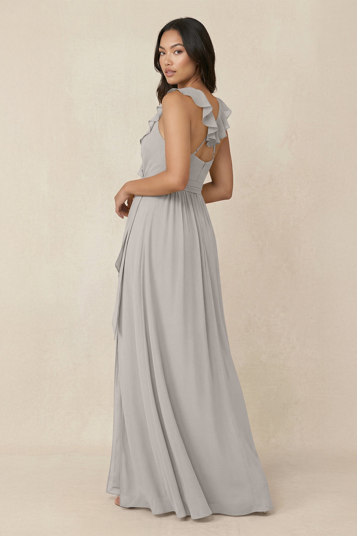Silver Chiffon A-Line Bridesmaid Dress with V-Neck Neckline and Ruffles
