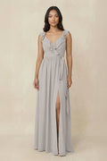 Silver Chiffon A-Line Bridesmaid Dress with V-Neck Neckline and Ruffles