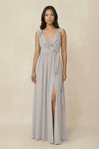 Silver Chiffon A-Line Bridesmaid Dress with V-Neck Neckline and Ruffles