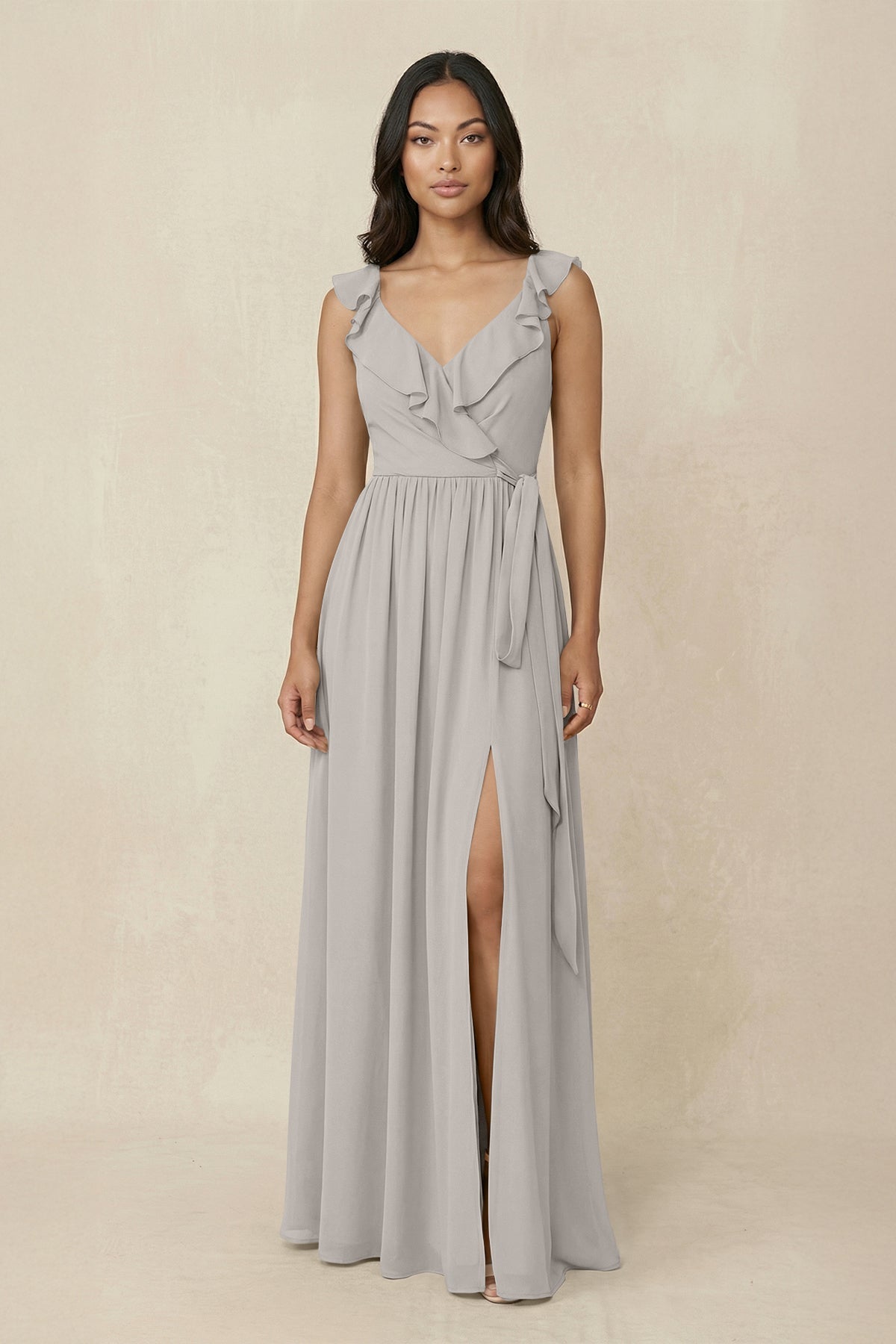 Silver Chiffon A-Line Bridesmaid Dress with V-Neck Neckline and Ruffles