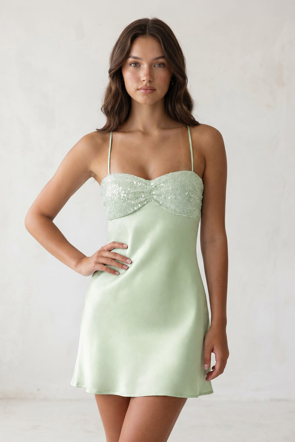 Avenna Sage Green side view homecoming dress