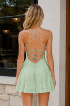Fiorella Sage Green back view homecoming dress