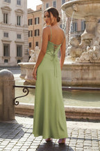 Evelina Wren Sage Green back view prom dress