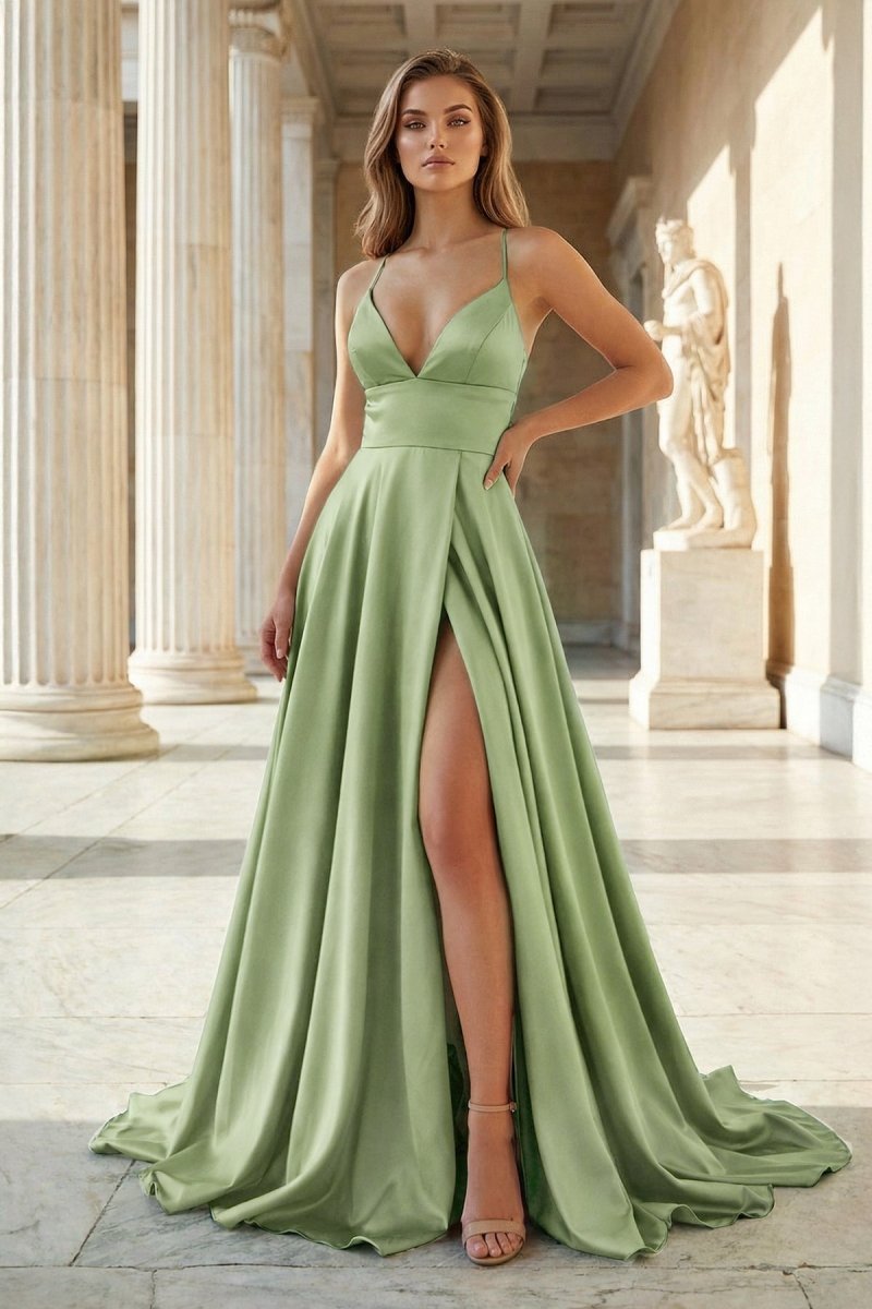 Elaria Moon Sage Green front view prom dress