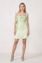 Sage Ruffled Sheath Square Neck Satin Ruched Homecoming Dress
