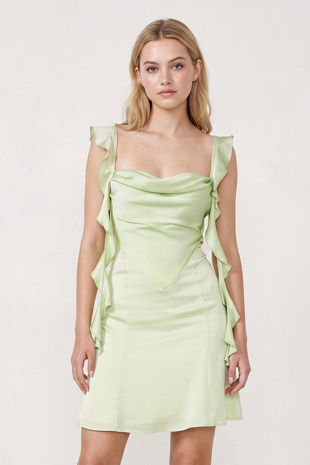 Sage Ruffled Sheath Square Neck Satin Ruched Homecoming Dress