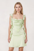 Sage Ruffled Sheath Square Neck Satin Ruched Homecoming Dress