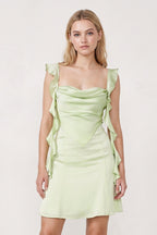 Sage Ruffled Sheath Square Neck Satin Ruched Homecoming Dress