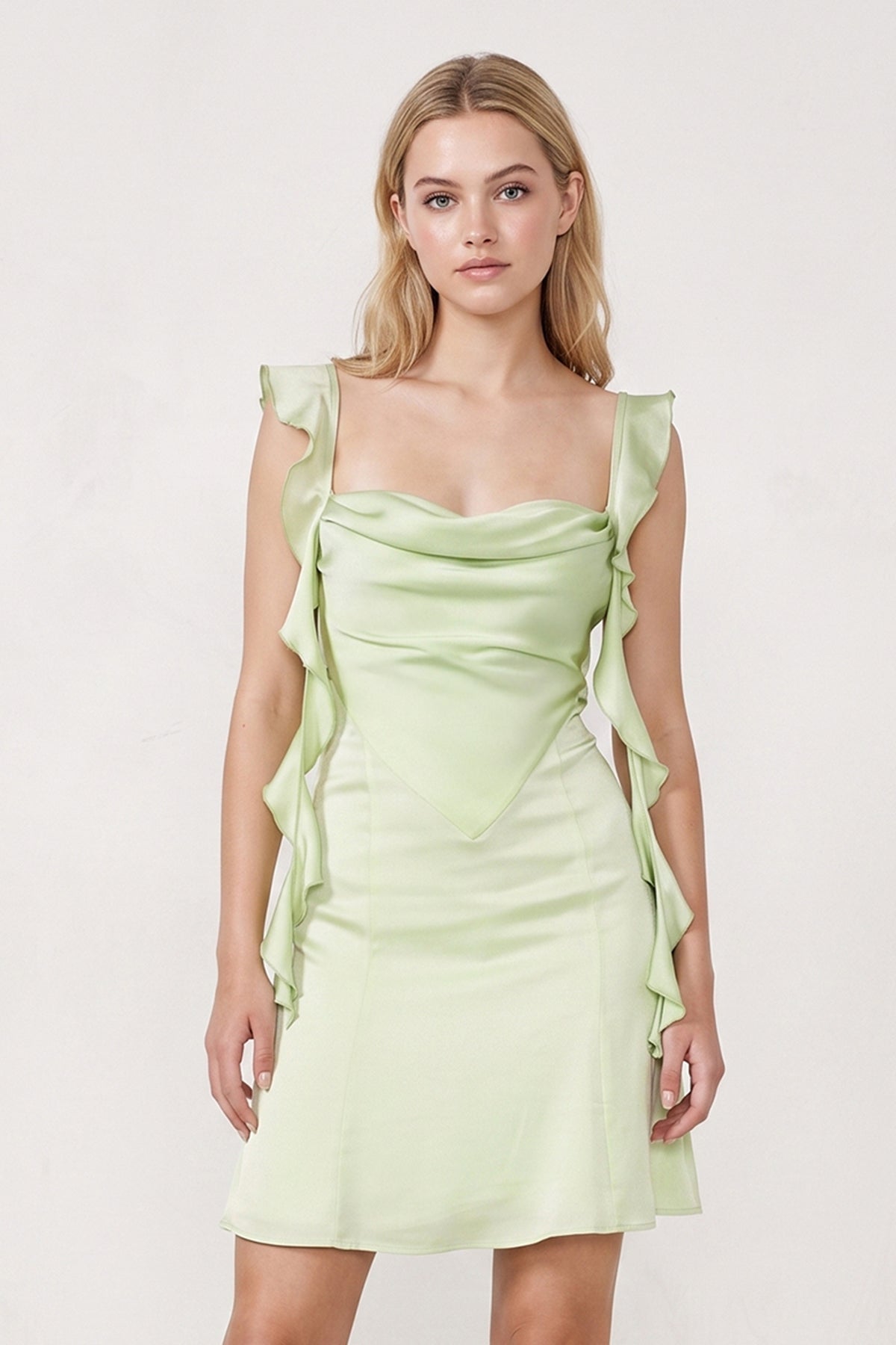 Sage Ruffled Sheath Square Neck Satin Ruched Homecoming Dress