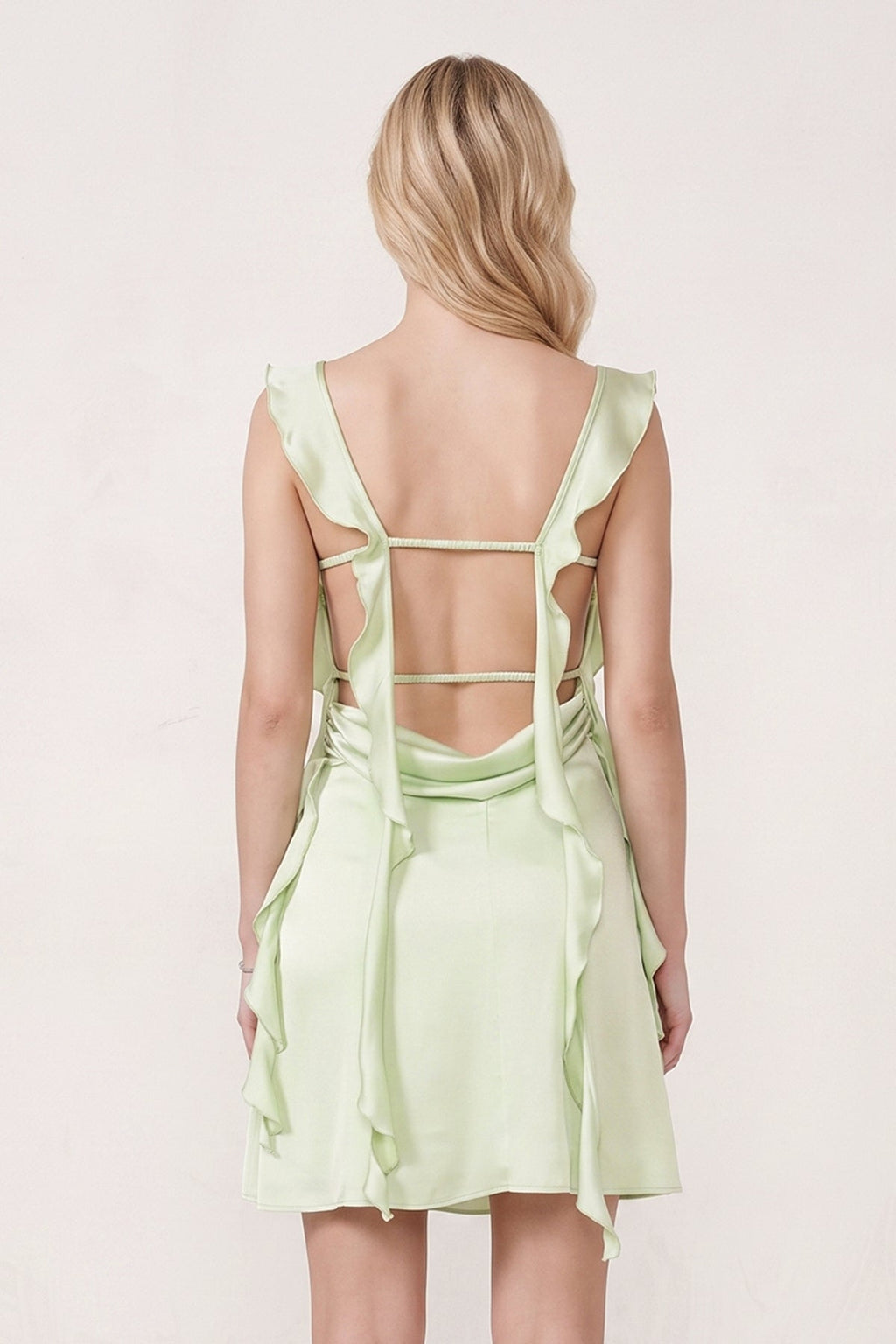 Sage Ruffled Sheath Square Neck Satin Ruched Homecoming Dress