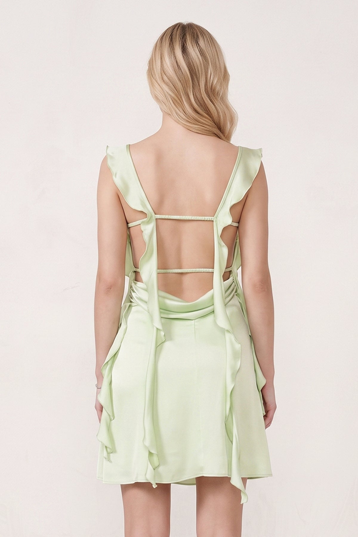 Sage Ruffled Sheath Square Neck Satin Ruched Homecoming Dress