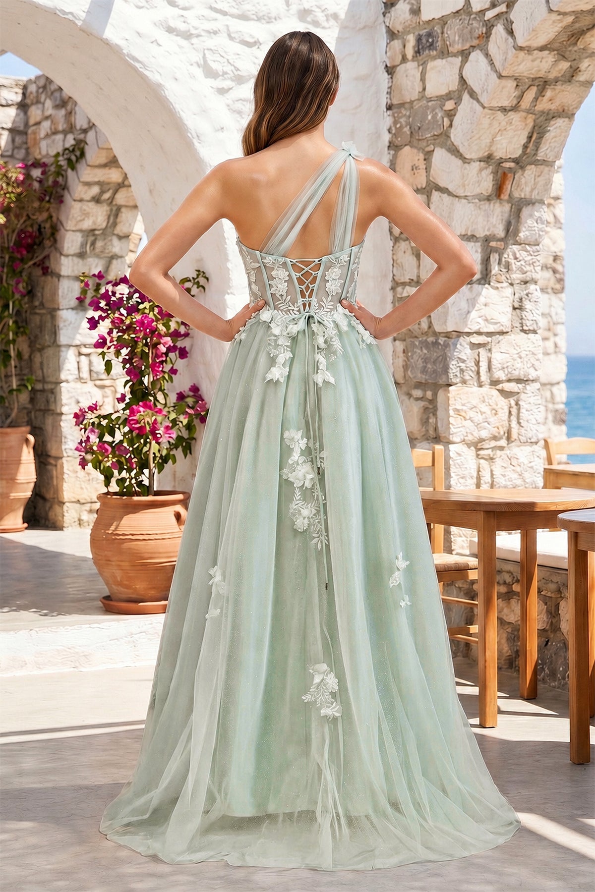 A Line One Shoulder Black Long Formal Prom Gown with Appliques