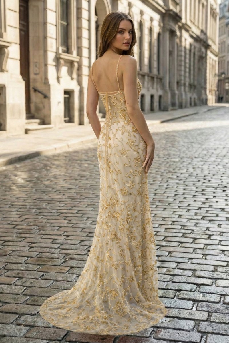 Ulyssa champagne back view prom dress