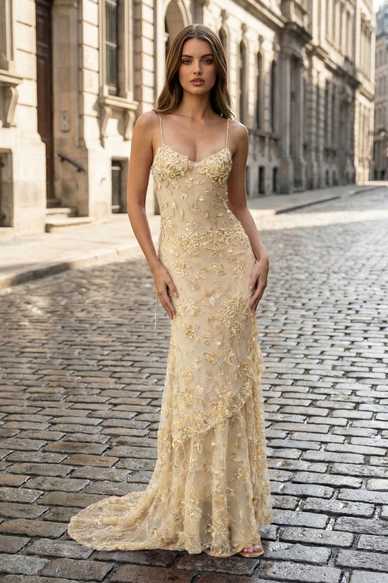 Ulyssa champagne front view prom dress
