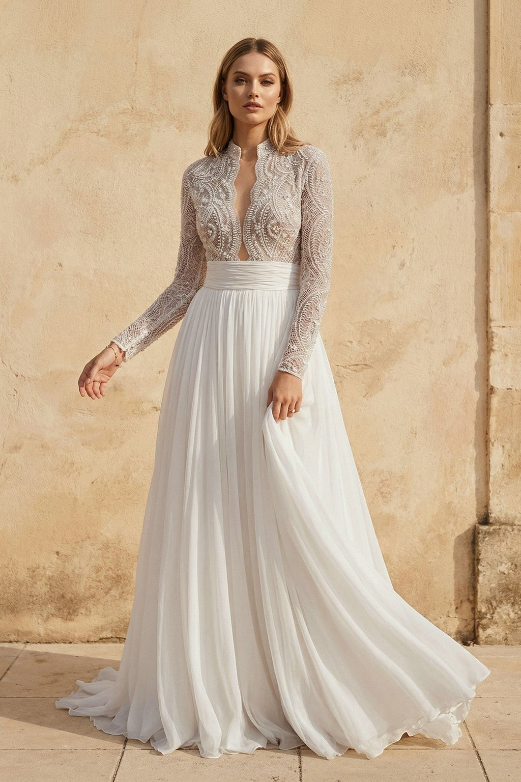 White Tulle A-Line Wedding Dress with Beading and Floor Length