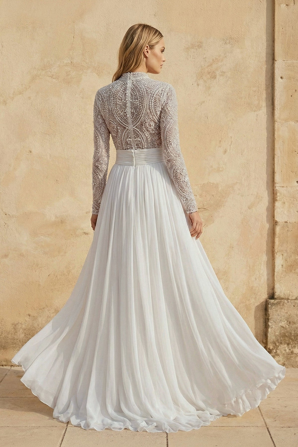 White Tulle A-Line Wedding Dress with Beading and Floor Length