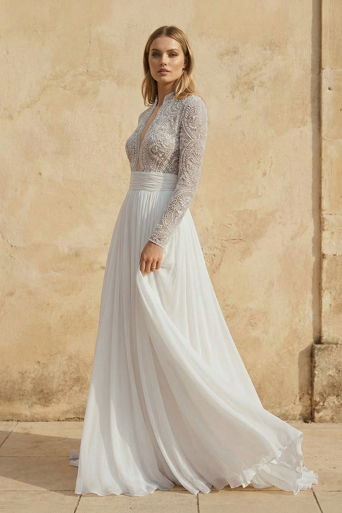 White Tulle A-Line Wedding Dress with Beading and Floor Length