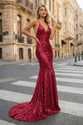 Gold Sequins Mermaid Evening Dress with V-Neck Neckline and Sequins
