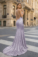 Gold Sequins Mermaid Evening Dress with V-Neck Neckline and Sequins