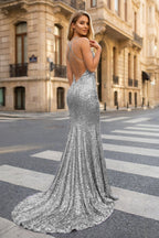 Gold Sequins Mermaid Evening Dress with V-Neck Neckline and Sequins