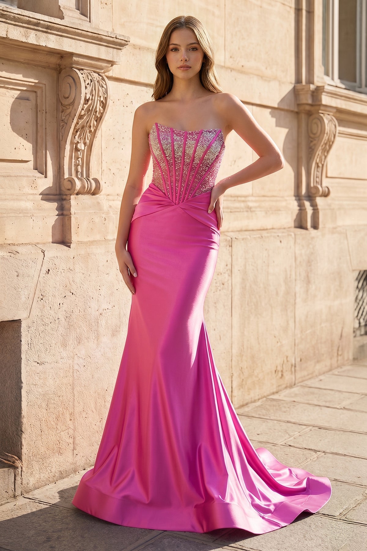 Melisande Fuchsia front view prom dress