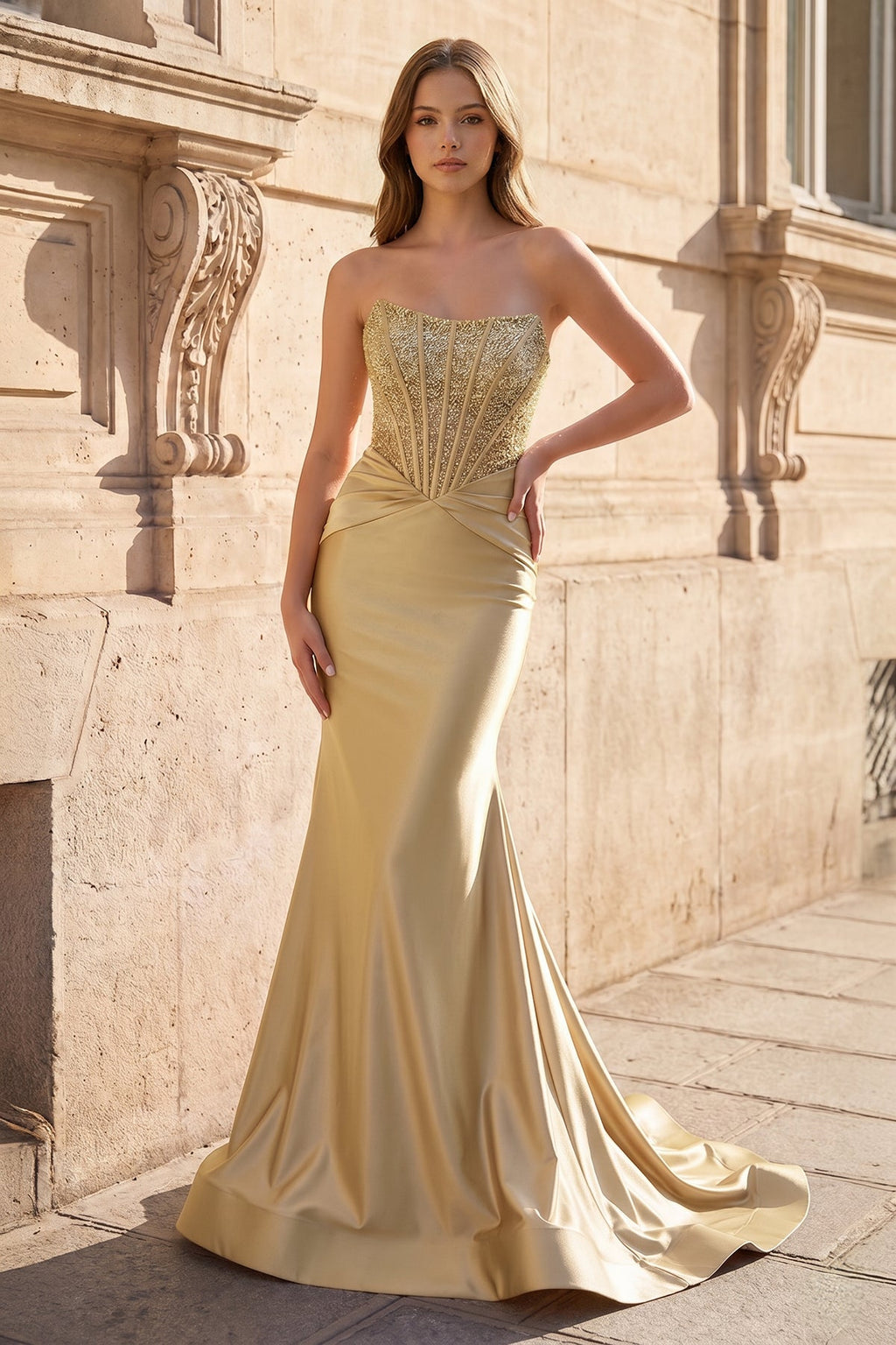 Melisande Gold front view prom dress