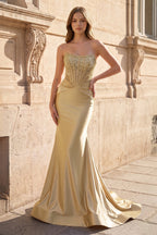 Melisande Gold front view prom dress