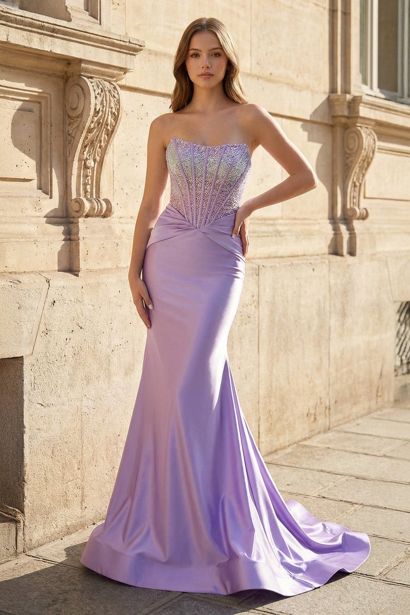 Melisande Lavender front view prom dress