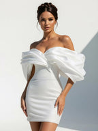 Diamond White Lace Sheath Wedding Dress with Off The Shoulder Neckline and Sequins