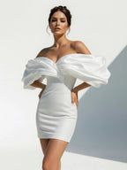 Diamond White Lace Sheath Wedding Dress with Off The Shoulder Neckline and Sequins