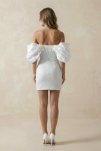 Diamond White Lace Sheath Wedding Dress with Off The Shoulder Neckline and Sequins