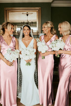 Sage Green Satin Sheath Bridesmaid Dress with V-Neck Neckline and Floor Length