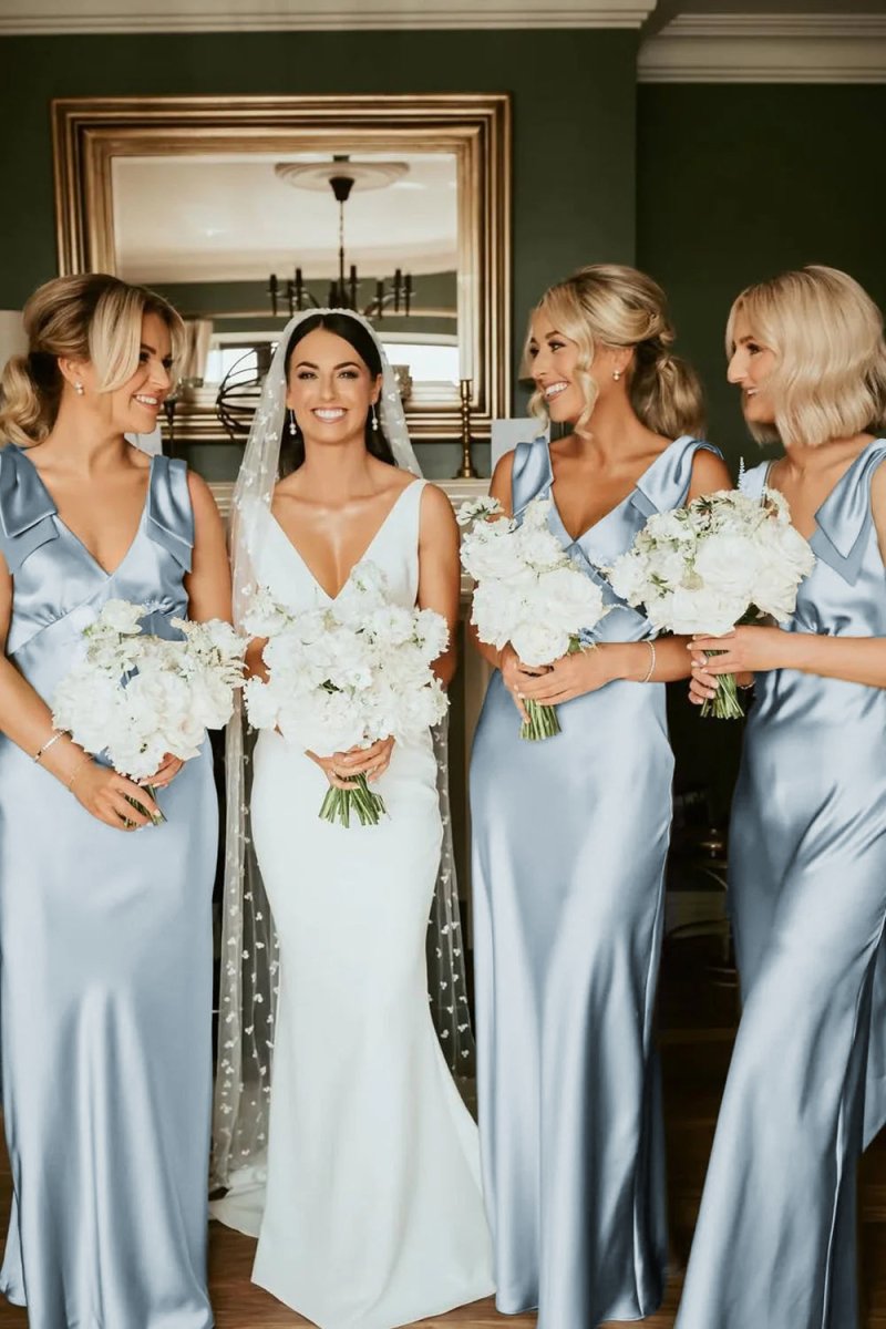 Sage Green Satin Sheath Bridesmaid Dress with V-Neck Neckline and Floor Length