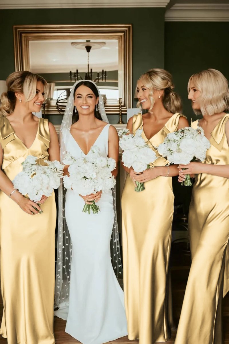 Sage Green Satin Sheath Bridesmaid Dress with V-Neck Neckline and Floor Length