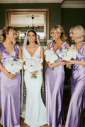 Sage Green Satin Sheath Bridesmaid Dress with V-Neck Neckline and Floor Length