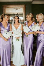 Sage Green Satin Sheath Bridesmaid Dress with V-Neck Neckline and Floor Length