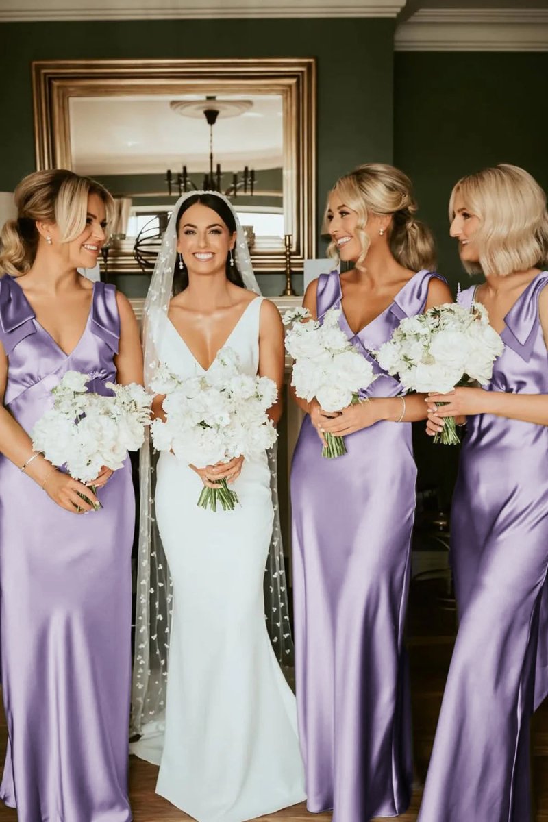 Sage Green Satin Sheath Bridesmaid Dress with V-Neck Neckline and Floor Length