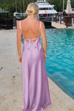 Yellow Satin Sheath Bridesmaid Dress with V-Neck Neckline and Slit