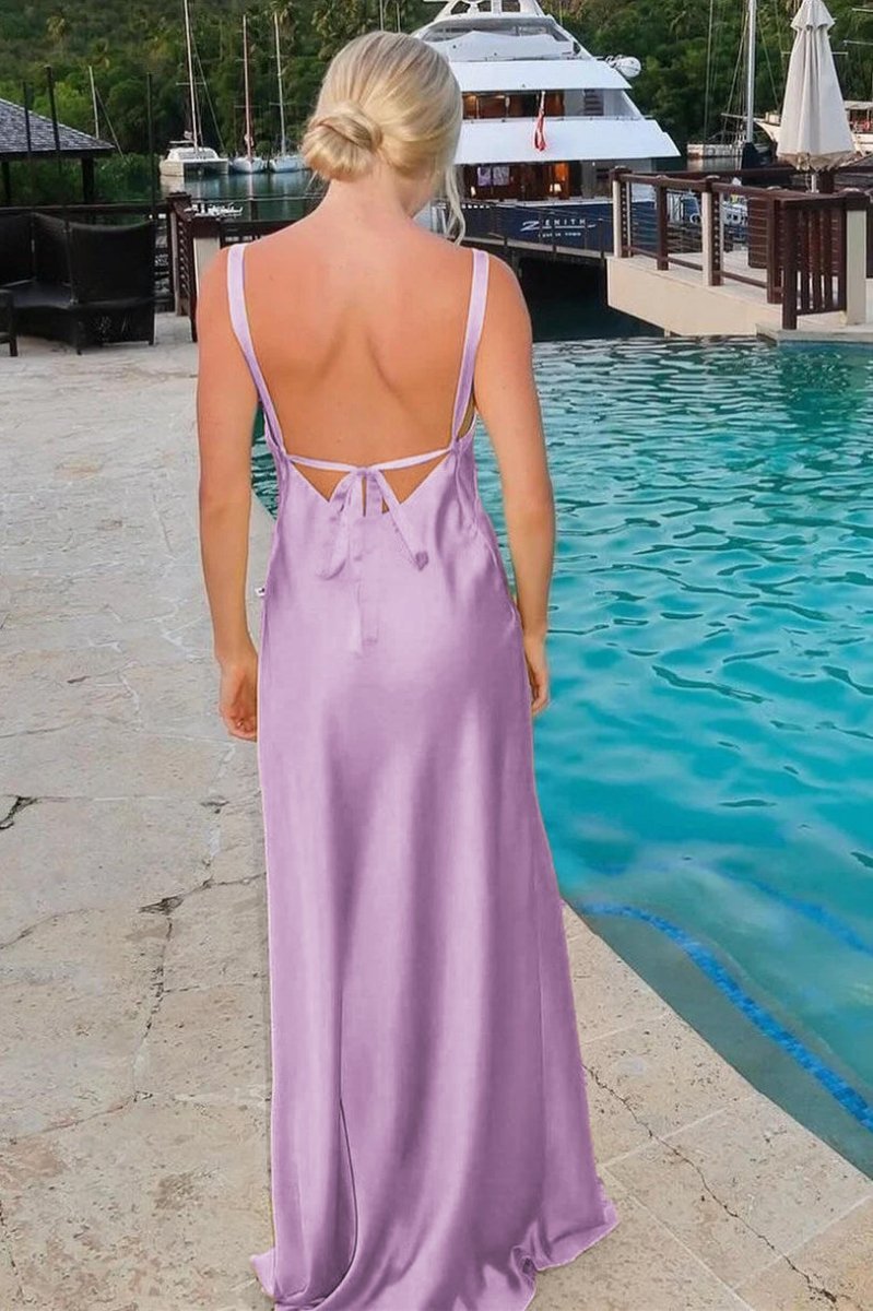 Yellow Satin Sheath Bridesmaid Dress with V-Neck Neckline and Slit