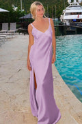 Yellow Satin Sheath Bridesmaid Dress with V-Neck Neckline and Slit