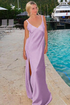 Yellow Satin Sheath Bridesmaid Dress with V-Neck Neckline and Slit